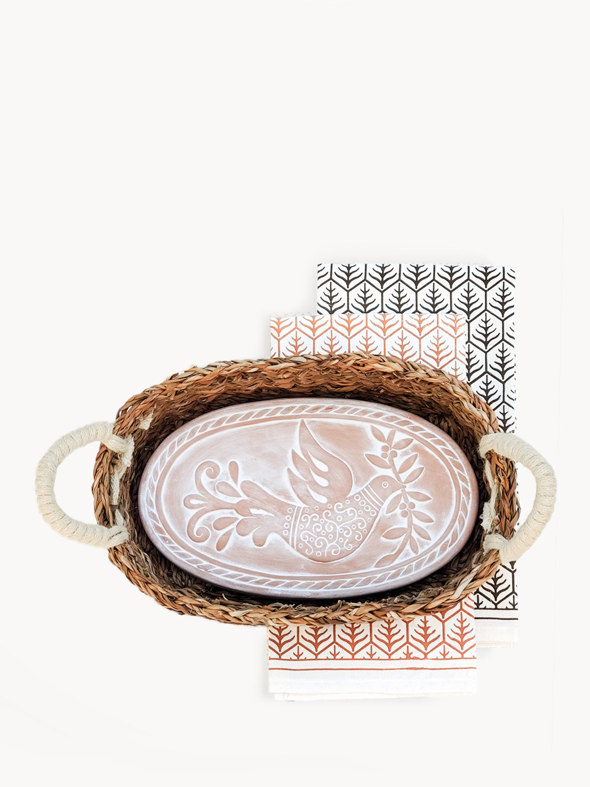 Bread Warmer &amp; Basket Gift Set with Tea Towel - Bird Oval
