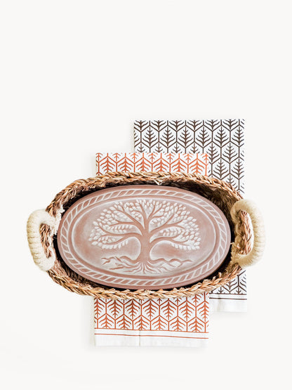 Bread Warmer &amp; Basket Gift Set with Tea Towel - Tree of Life Oval