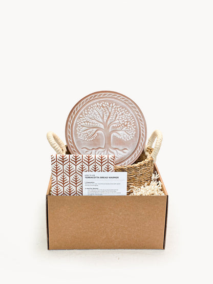 Bread Warmer &amp; Basket Gift Set with Tea Towel - Tree of Life Round