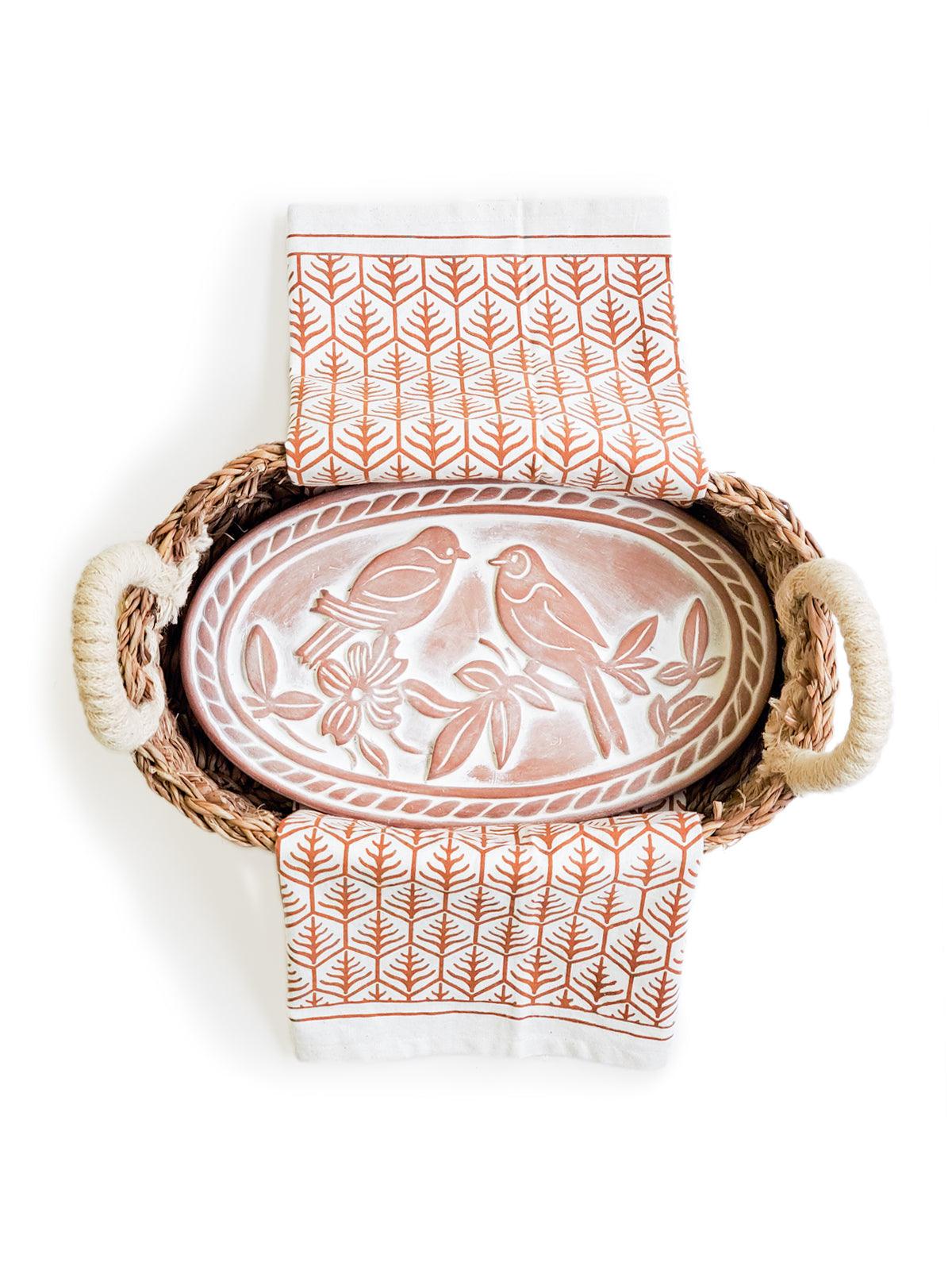 Bread Warmer &amp; Basket Gift Set with Tea Towel - Lovebird Oval