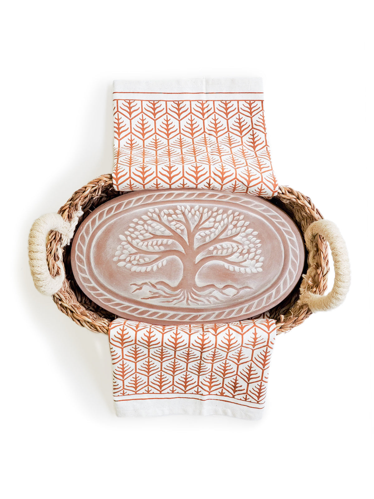 Bread Warmer &amp; Basket Gift Set with Tea Towel - Tree of Life Oval