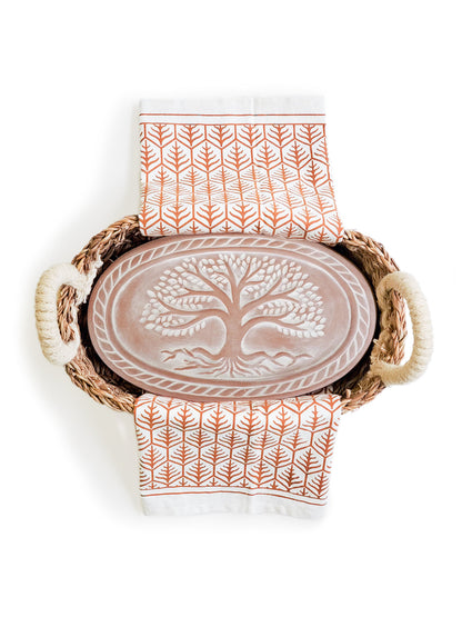 Bread Warmer &amp; Basket Gift Set with Tea Towel - Tree of Life Oval
