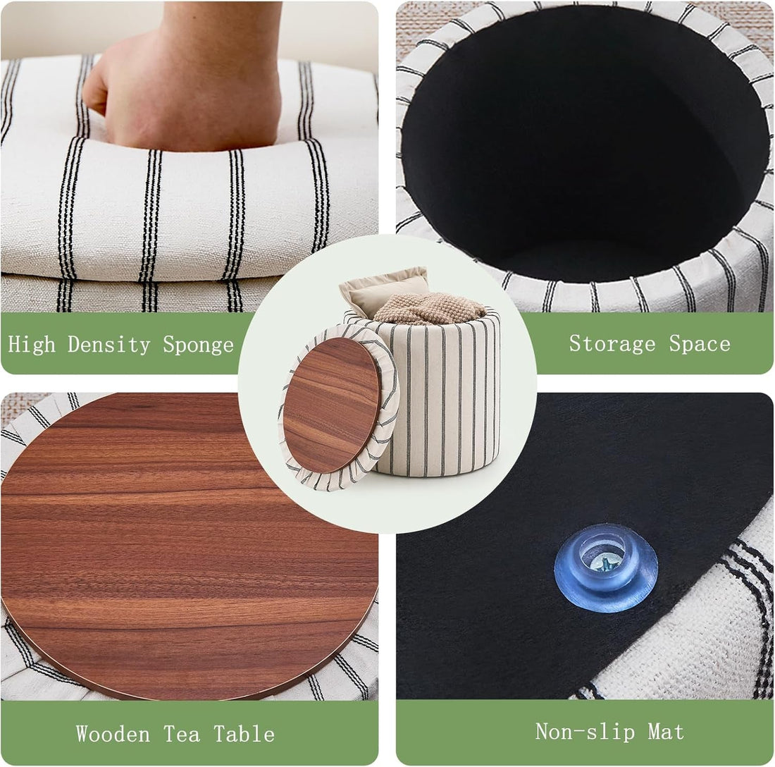 Striped Round Storage Ottoman With Removable Tray