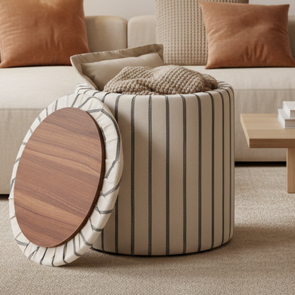 Striped Round Storage Ottoman With Removable Tray