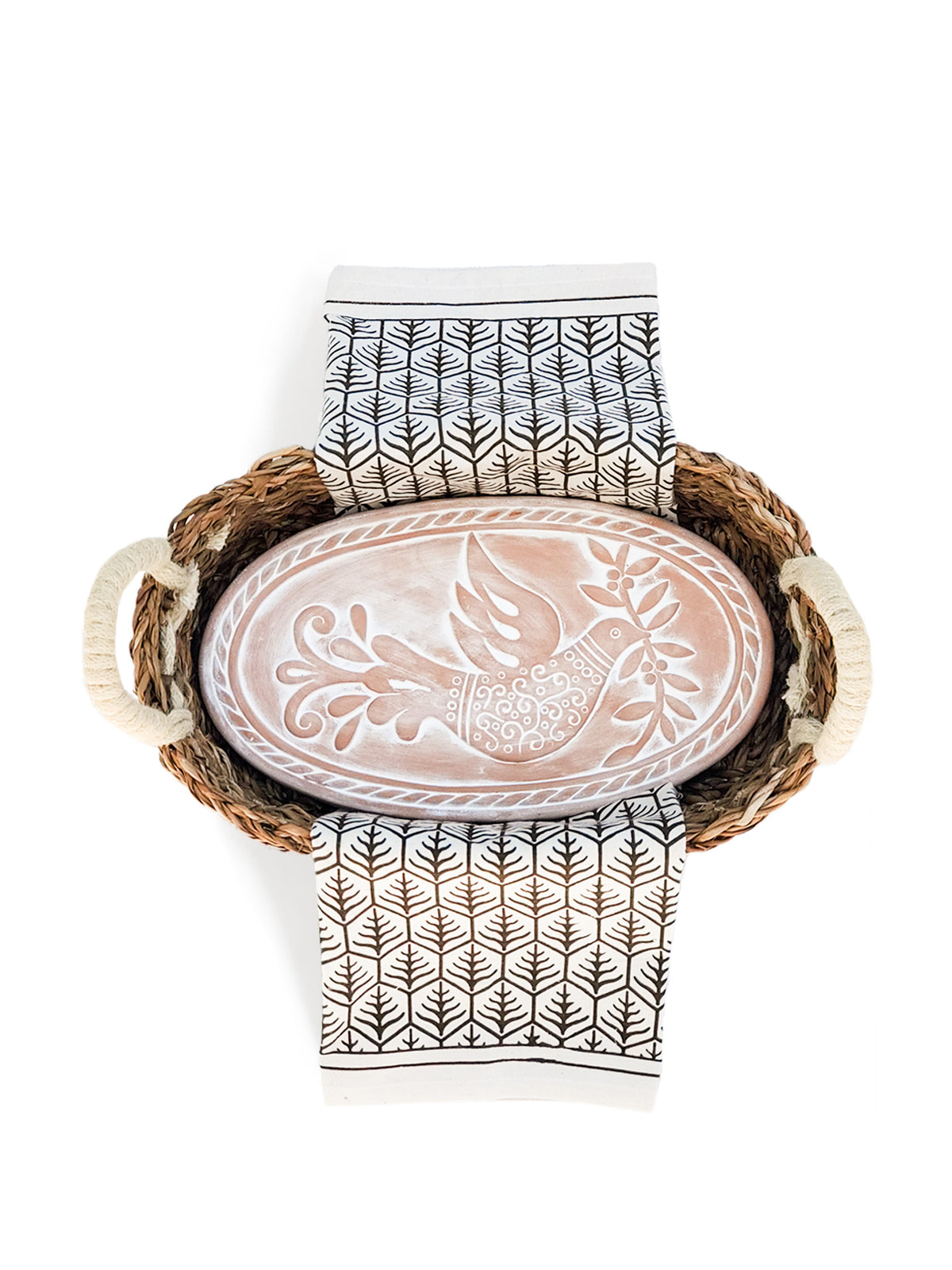 Bread Warmer &amp; Basket Gift Set with Tea Towel - Bird Oval