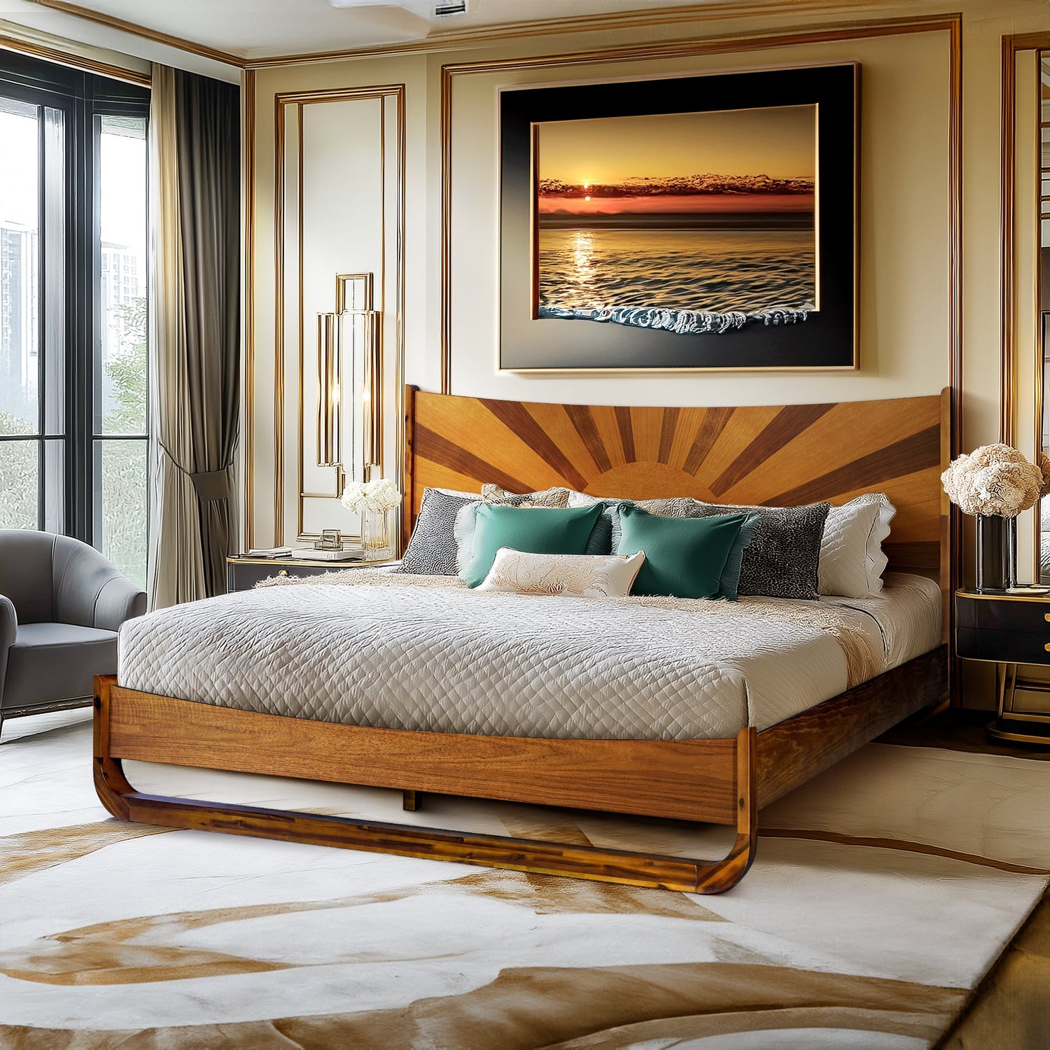 Sunset Acacia Platform Bed Frame With Headboard - Caramel, Walnut