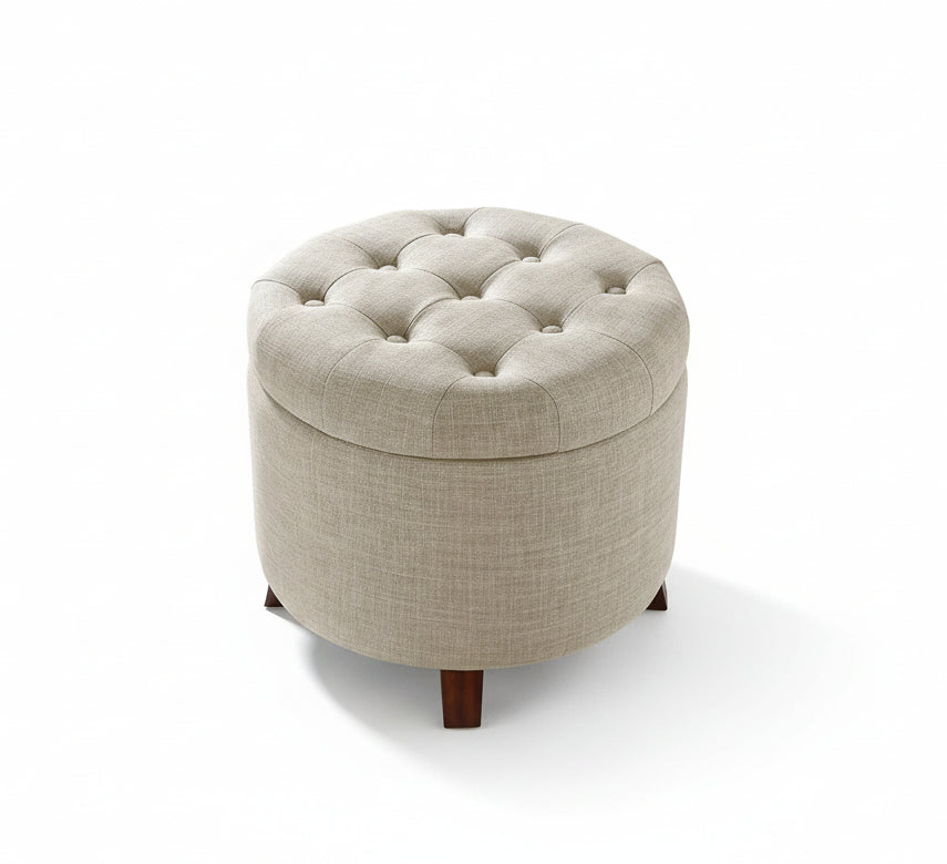 Beige Linen Round Storage Ottoman