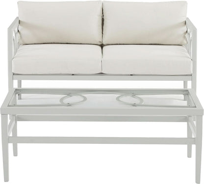 2 Piece Outdoor Gray Metal Loveseat and Coffee Table Set with Creme Cushions