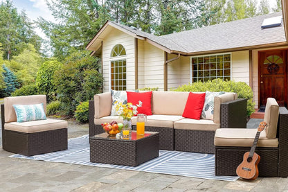 Outdoor Wicker Sectional Sofa Set with Coffee Table - Tan/Brown