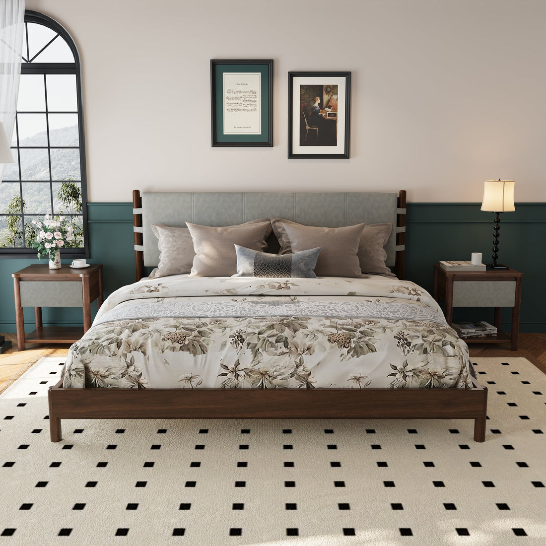 Modern King Bed Frame Set with 2 Nightstands - Gray/Walnut
