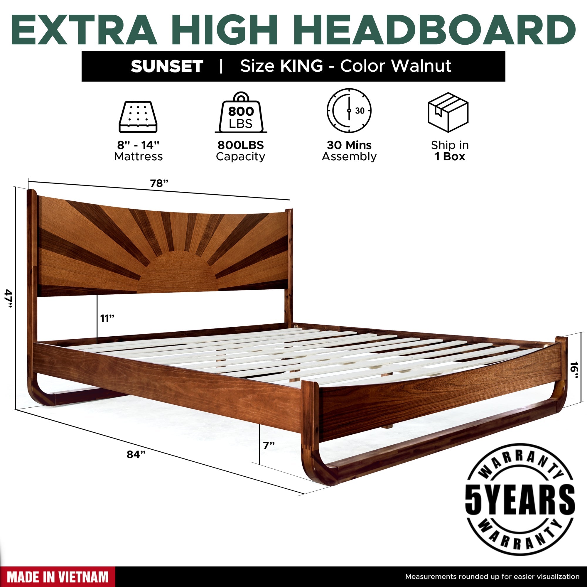 Sunset Acacia Platform Bed Frame With Headboard - Caramel, Walnut