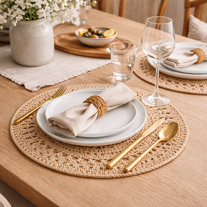 Handcrafted Natural Jute Placemat | 15” Round Scalloped Woven Placemat