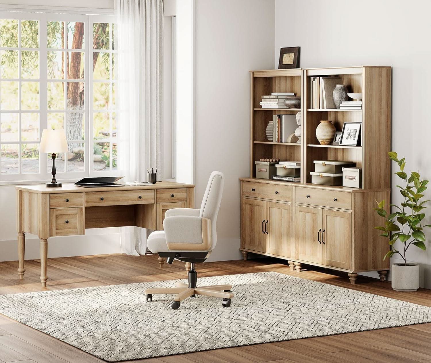 Contemporary Home Workstation Desk + 2 Storage Cabinets/Bookshelves in Distressed Oak Finish