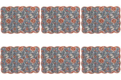 Set of 6 Dahlia Reversible Block Print Kantha Placemats