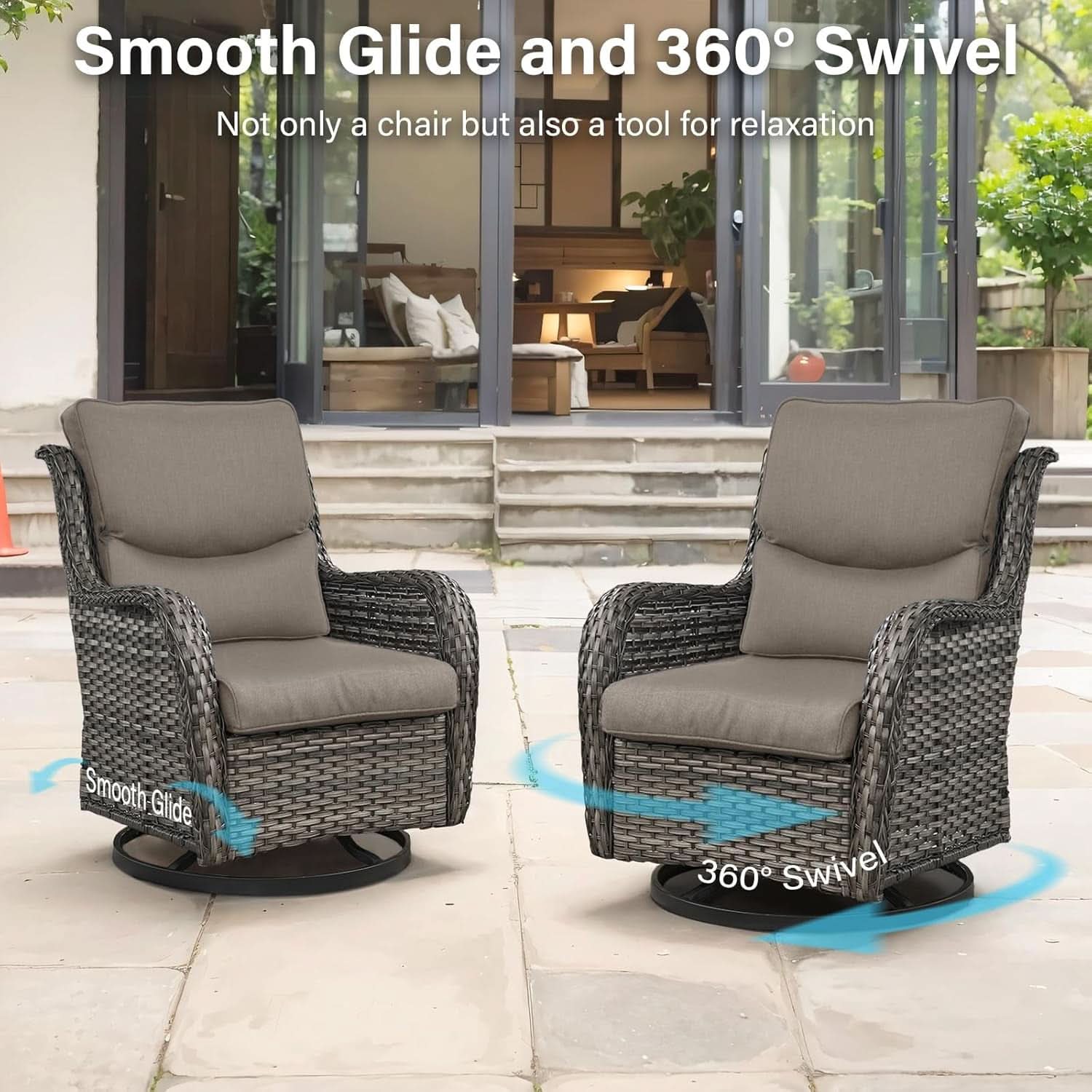 8-Piece Outdoor Wicker Lounge Set with Swivel Chairs, Ottomans, Tables - Gray