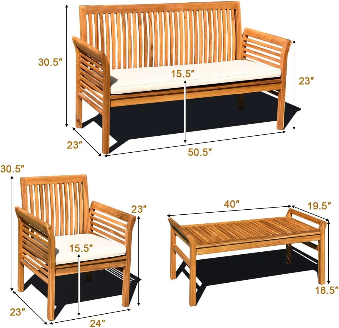 Outdoor Acacia Wood 4 Piece Chat Set With Off-White Cushions and Coffee Table