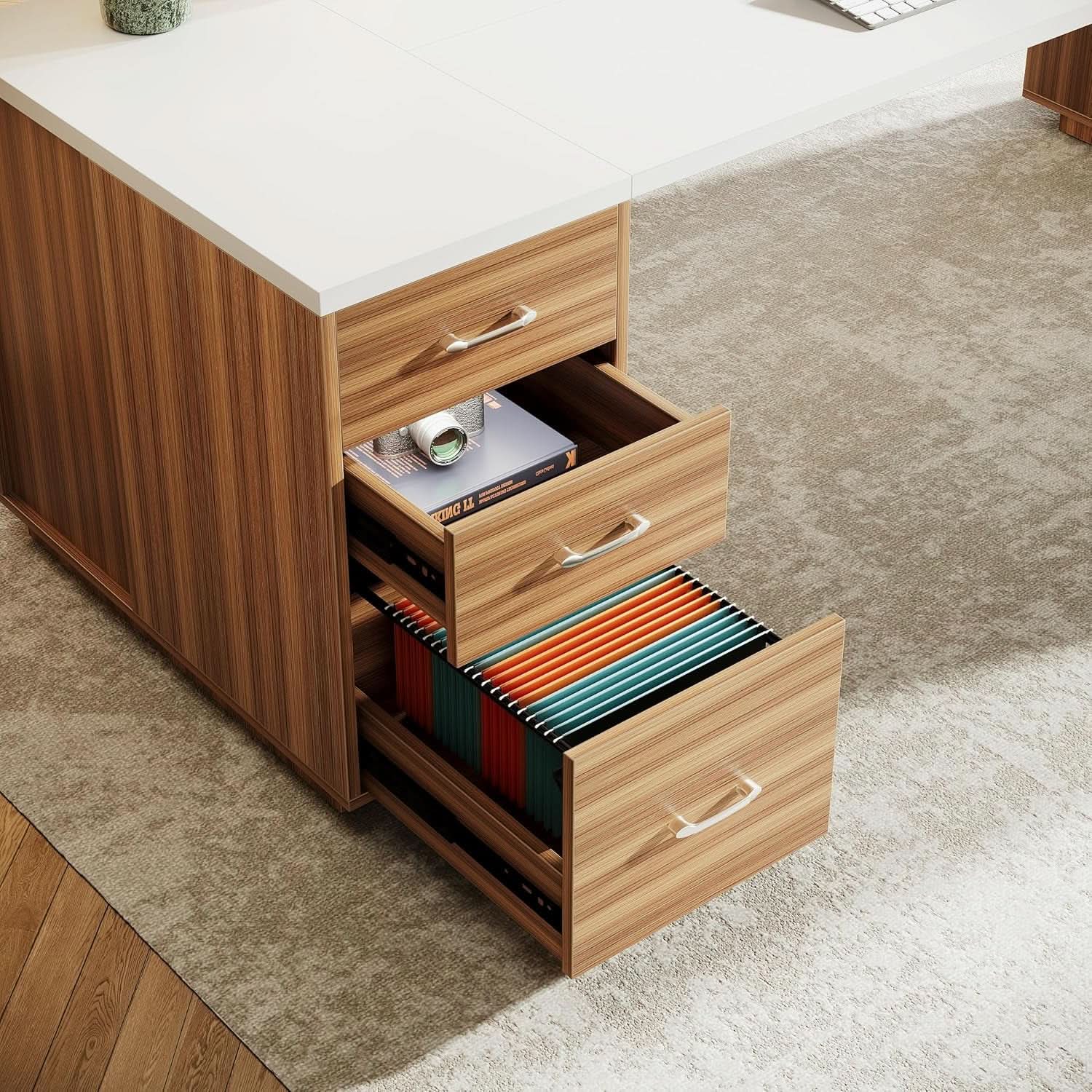 L-Shaped Executive Desk with Storage Cabinet - White Walnut