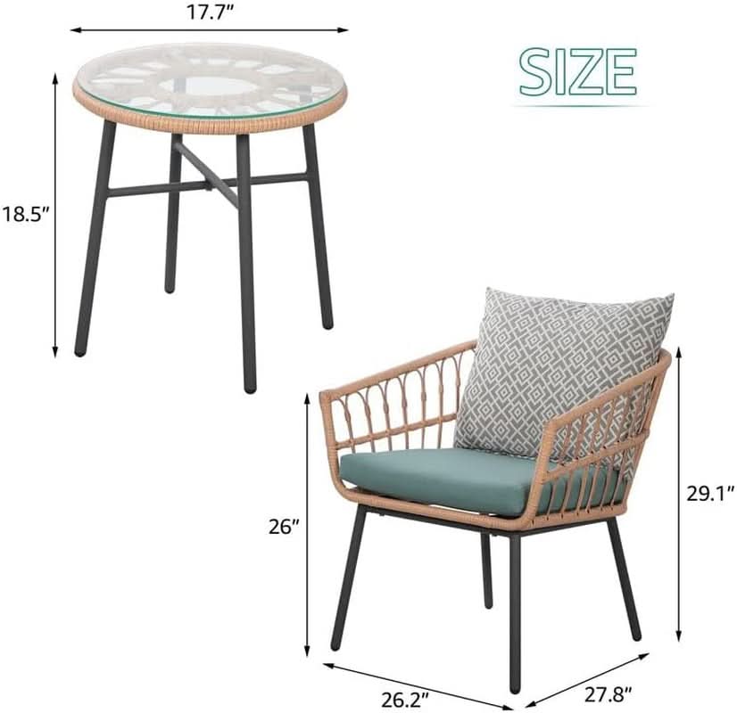 3 Piece Outdoor Conversation Set With Wicker Chairs and Green Cushions