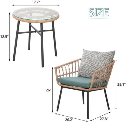 3 Piece Outdoor Conversation Set With Wicker Chairs and Green Cushions