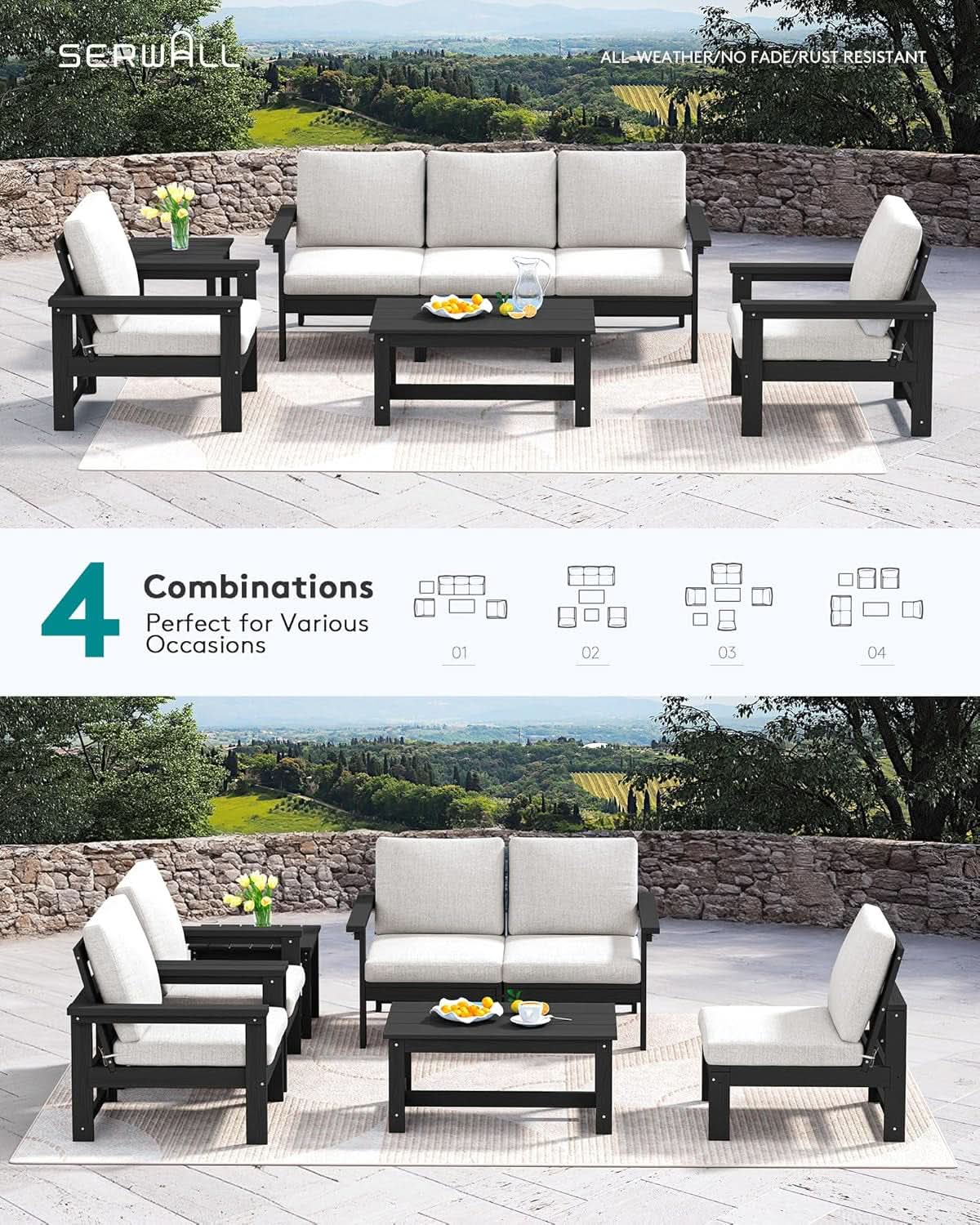HDPE 7 Piece Outdoor Patio Furniture Set - Black/White