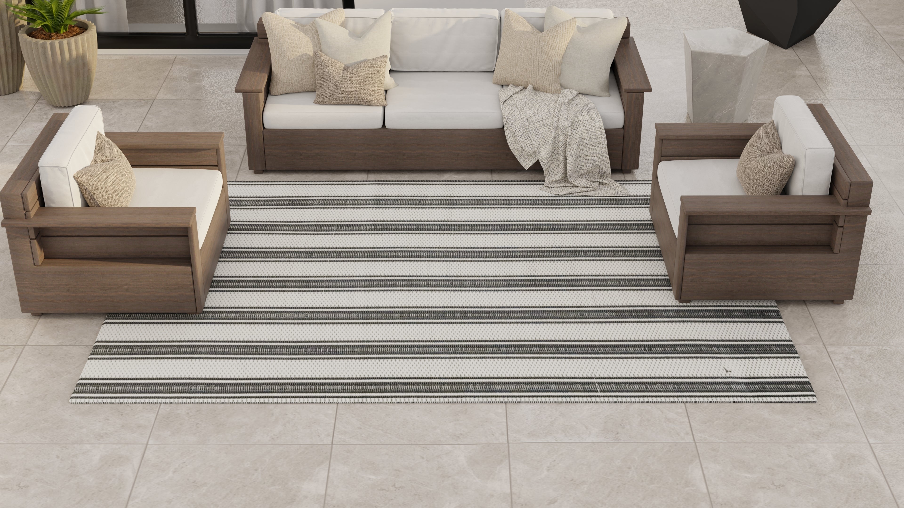 Vertical Stripe Black &amp; Grey Outdoor Mat