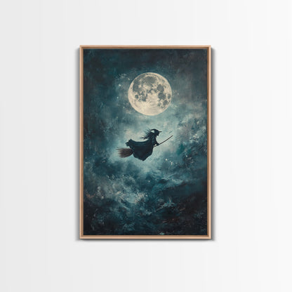 Witch Riding Under a Full Moon - Framed Canvas Print