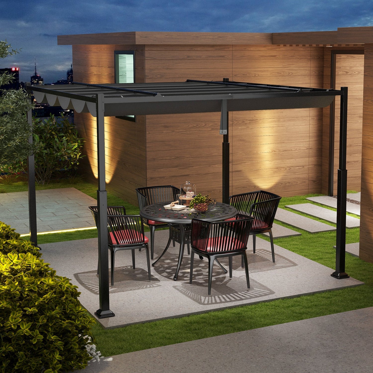 10 x 10 Ft Outdoor Pergola with Retractable Canopy and Metal Columns - Dark Gray