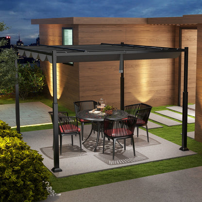 10 x 10 Ft Outdoor Pergola with Retractable Canopy and Metal Columns - Dark Gray