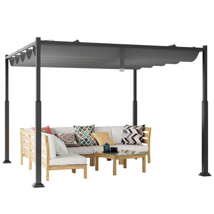10 x 10 Ft Outdoor Pergola with Retractable Canopy and Metal Columns - Dark Gray