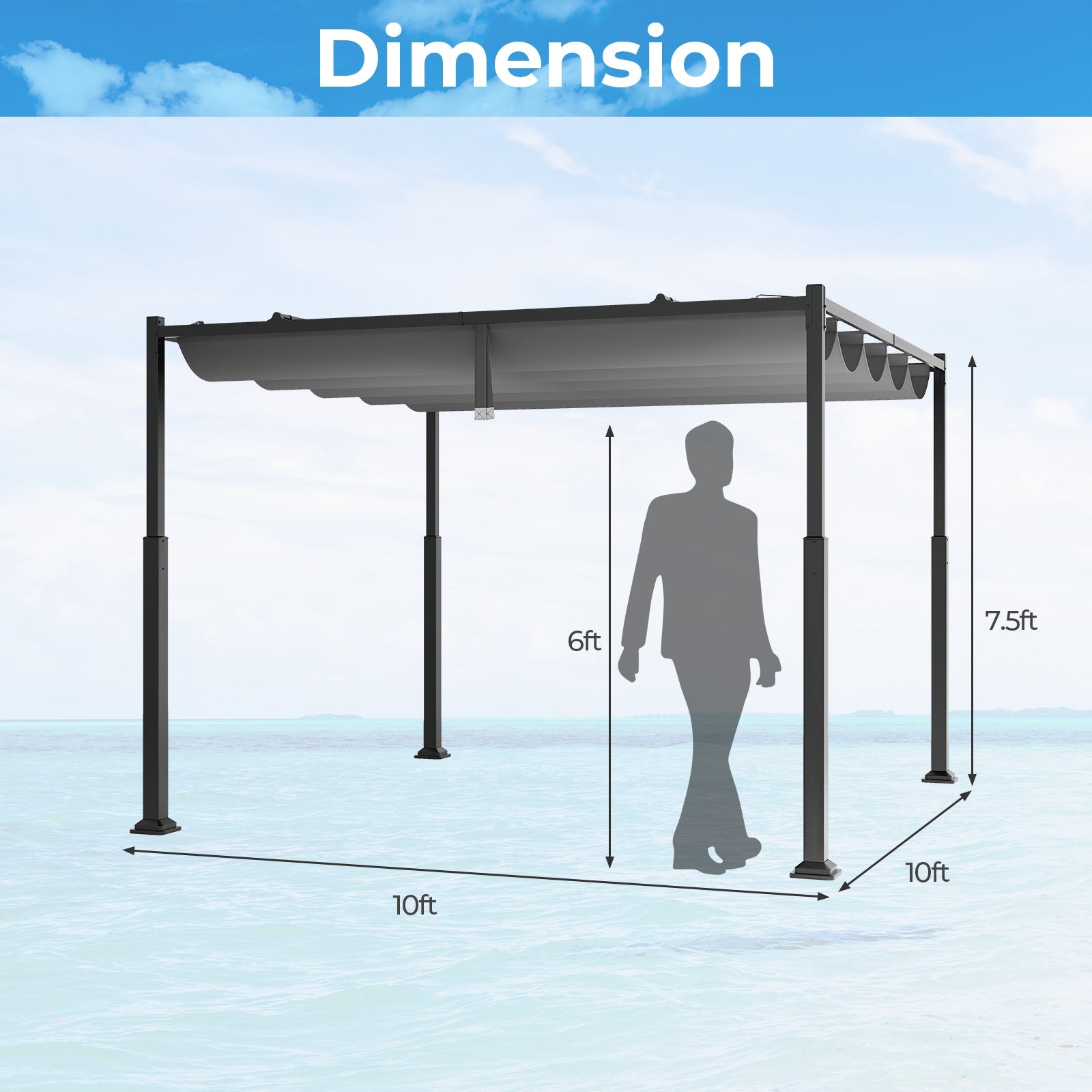 10 x 10 Ft Outdoor Pergola with Retractable Canopy and Metal Columns - Dark Gray