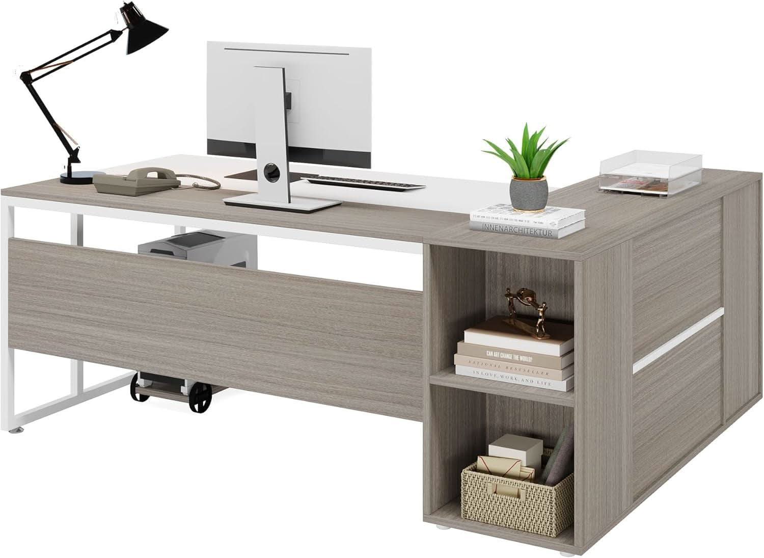 71 Inch L-Shape Executive Desk with Cabinets - 2 Tone Gray/White