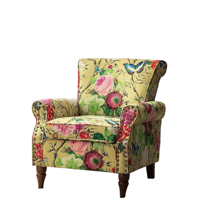Yellow Floral Wingback Chair With Solid Wood Legs