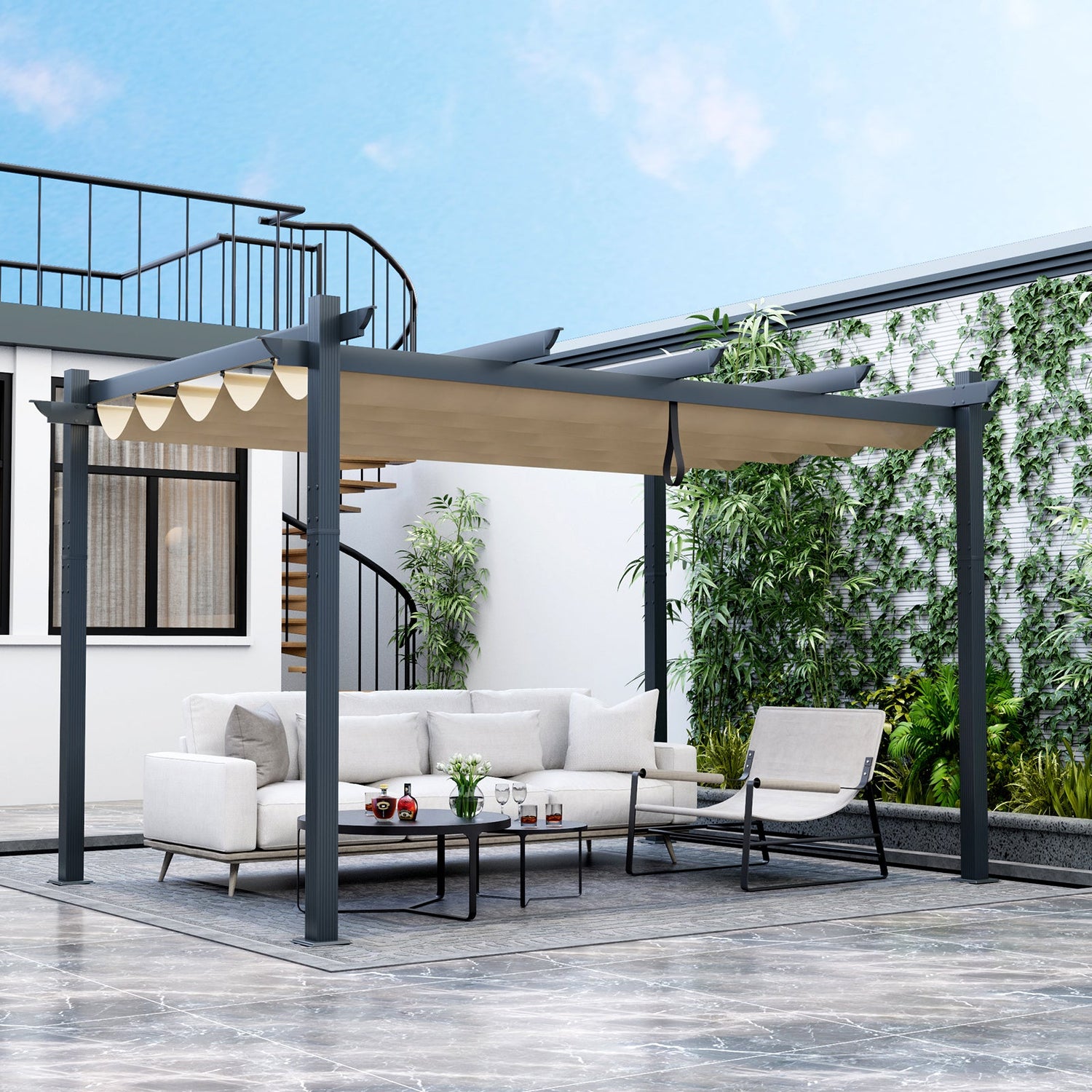 10 x 13 Ft Outdoor Aluminum Retractable Pergola Canopy Shelter - Beige or Gray