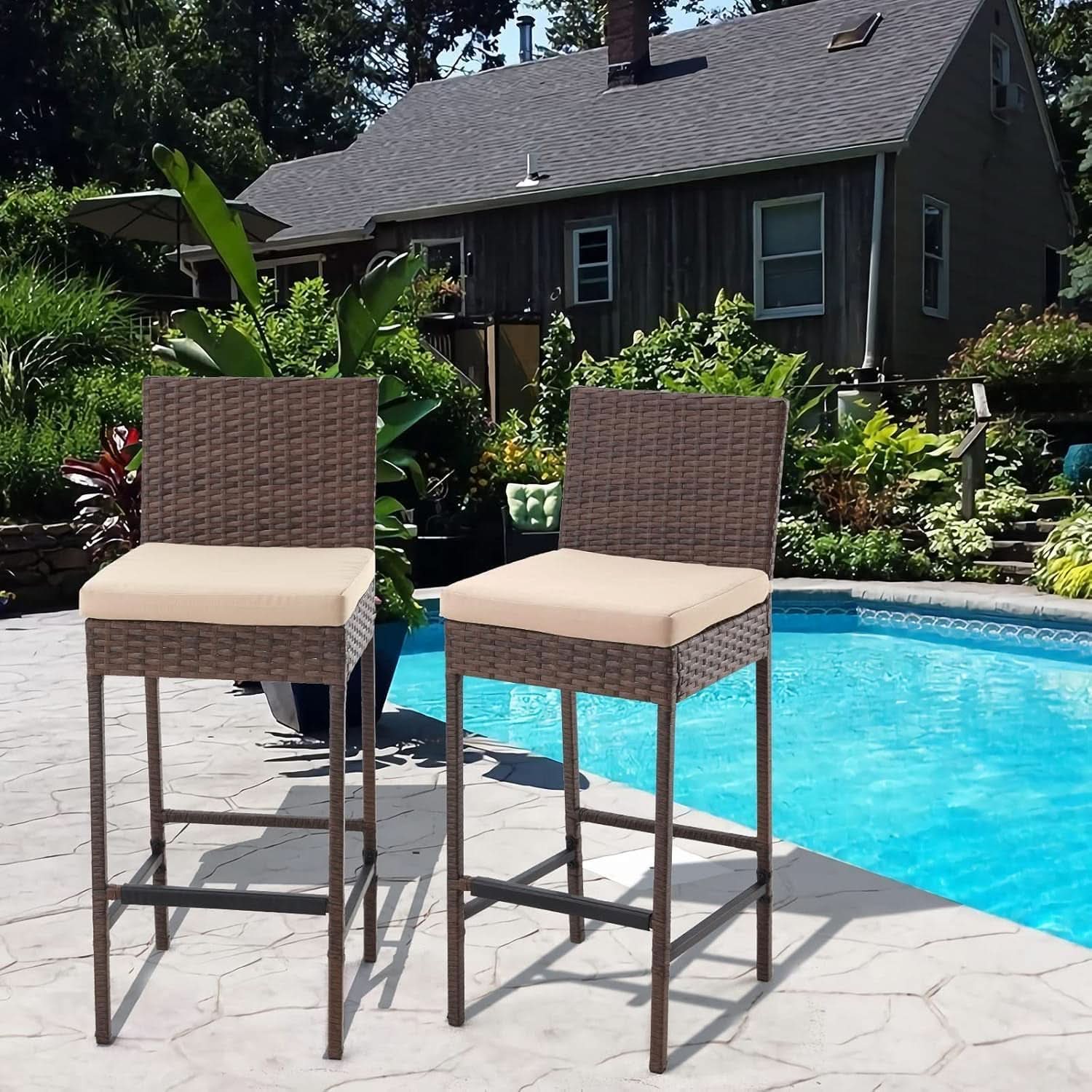 Outdoor Rattan Bar Stools w/ Beige Cushions - Set of 4