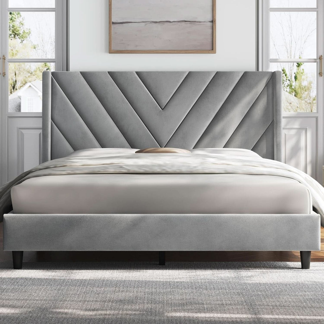Queen Upholstered Bed Frame With Winged Tufted Headboard in Light Gray Velvet