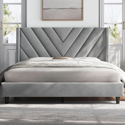 Queen Upholstered Bed Frame With Winged Tufted Headboard in Light Gray Velvet