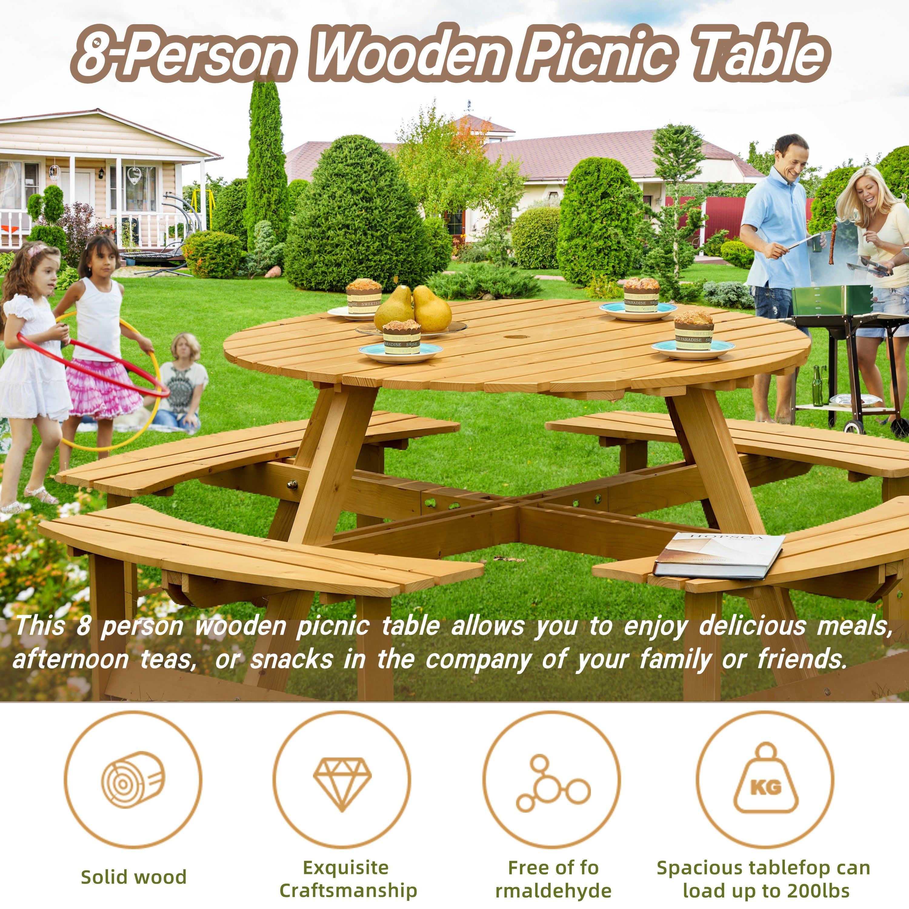 8-Person Round Picnic Table with 4 Built-in Benches - Natural Finish