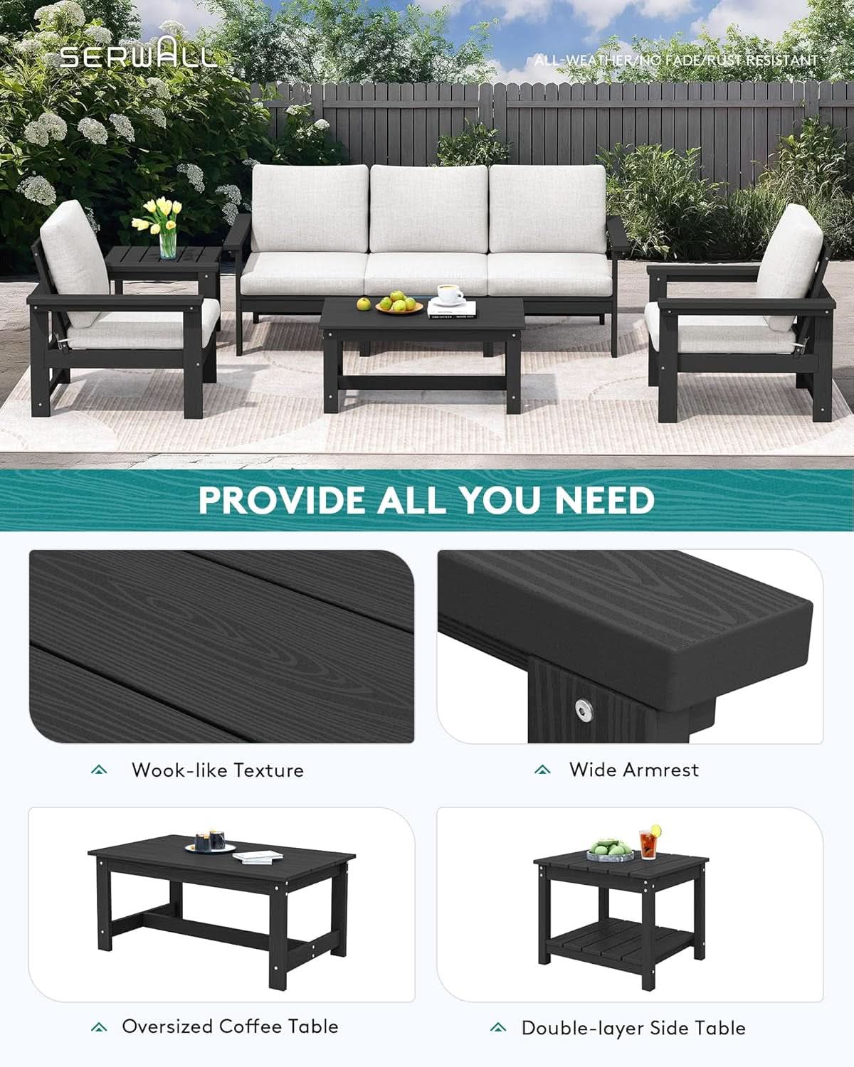 HDPE 7 Piece Outdoor Patio Furniture Set - Black/White