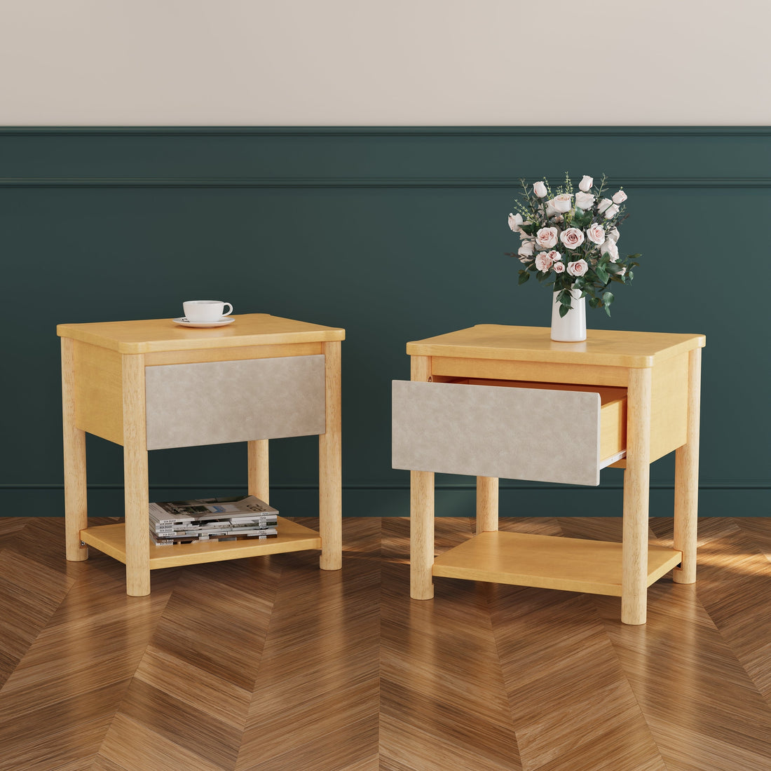 Modern Queen Bed Frame Set with 2 Nightstands - Beige Wood