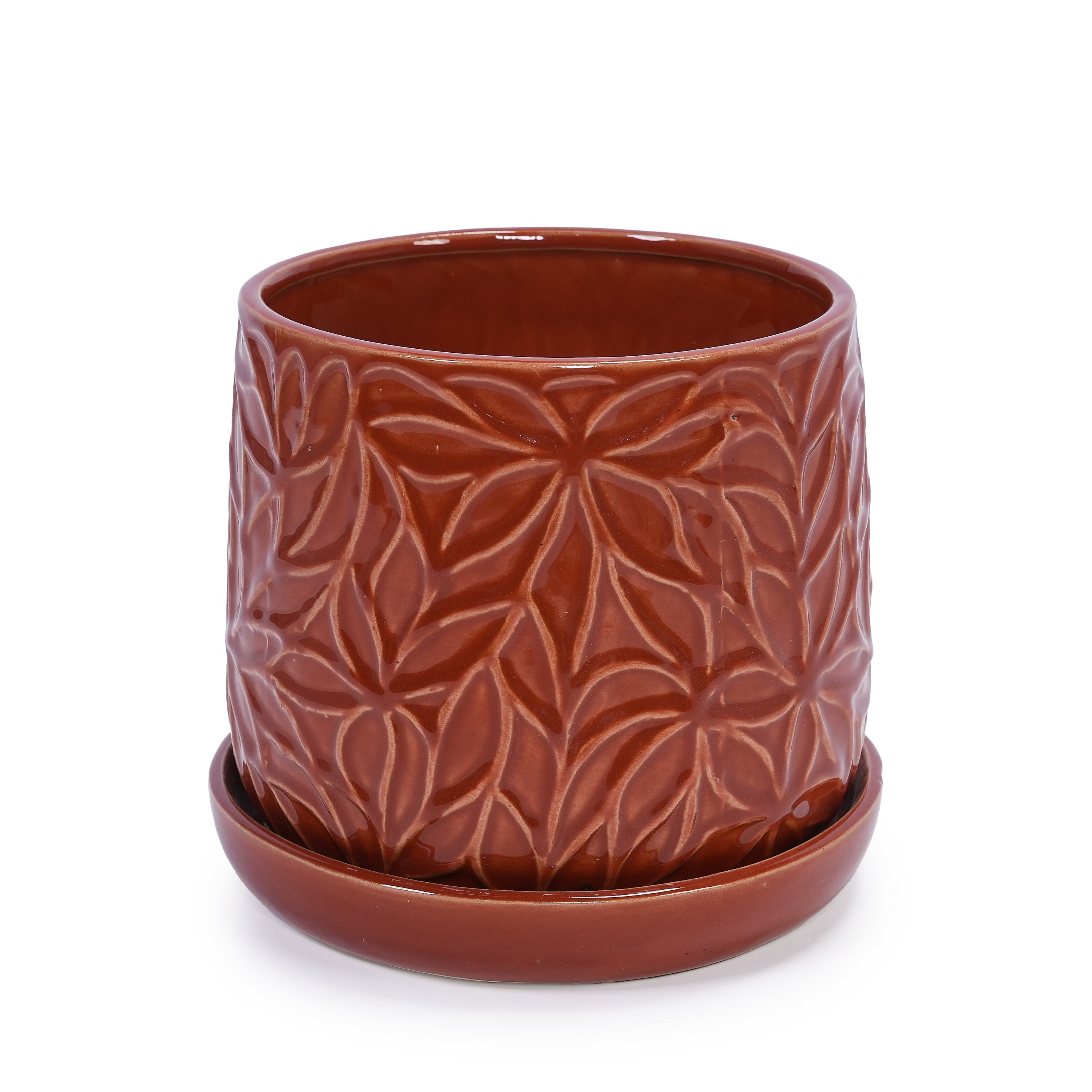Set of 2 Embossed Ceramic Flowerpots - Red
