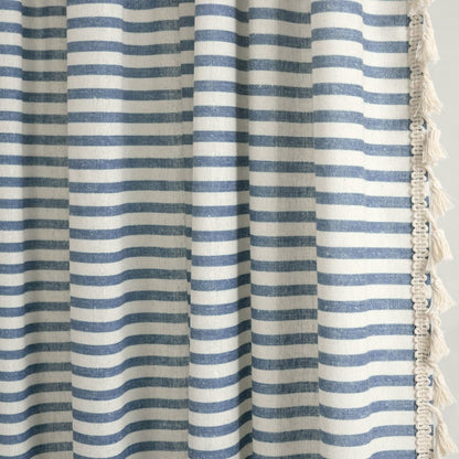 Boho-Coastal Horizontal Ticking Stripe Tassel Window Curtain Panel Sets