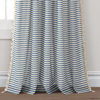 Boho-Coastal Horizontal Ticking Stripe Tassel Window Curtain Panel Sets