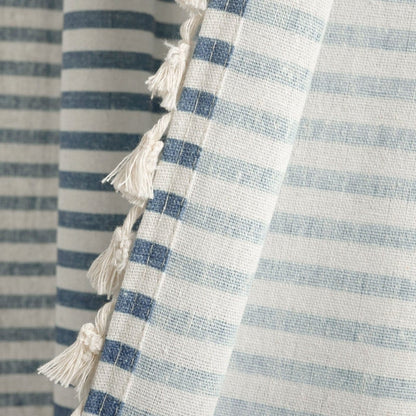 Boho-Coastal Horizontal Ticking Stripe Tassel Window Curtain Panel Sets