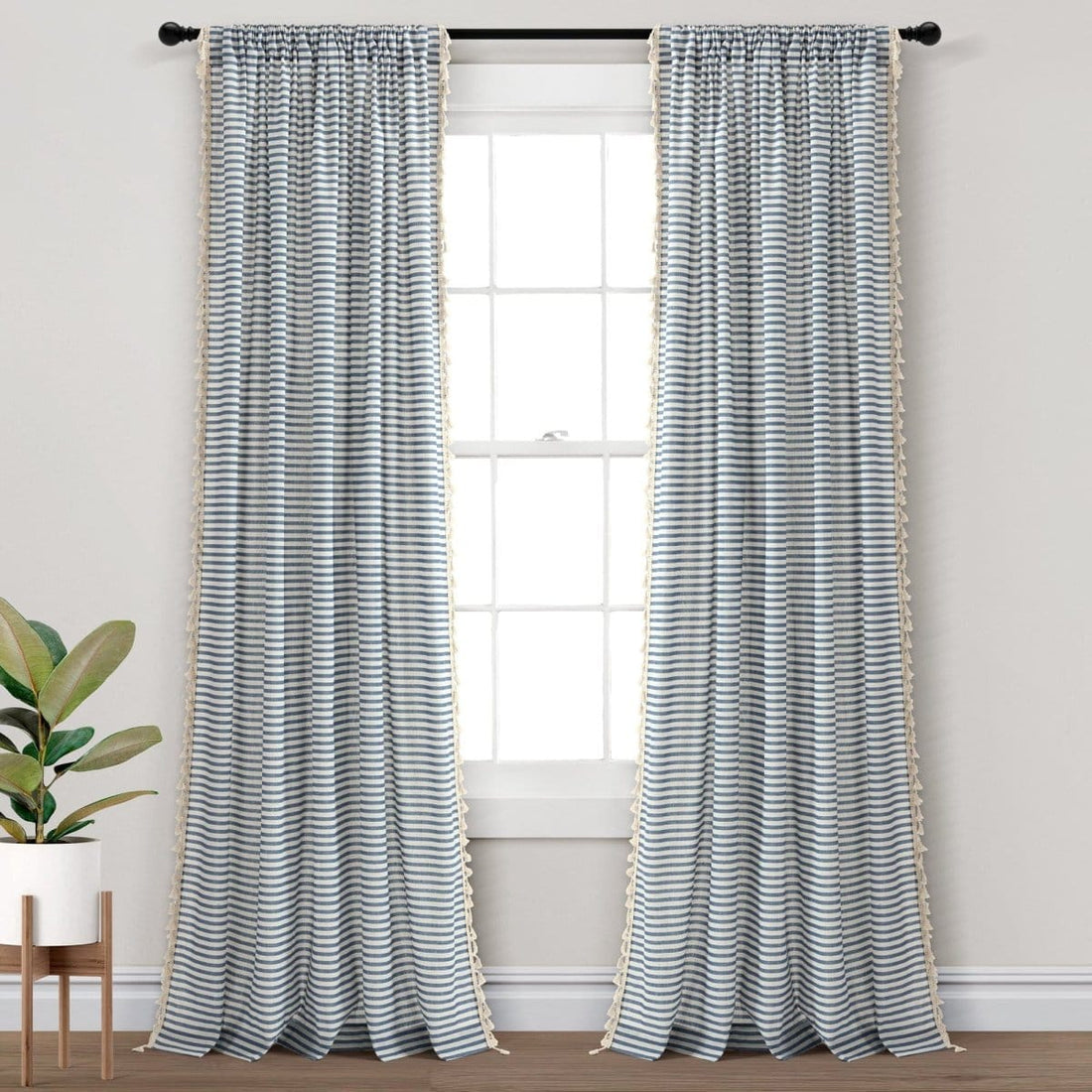 Boho-Coastal Horizontal Ticking Stripe Tassel Window Curtain Panel Sets