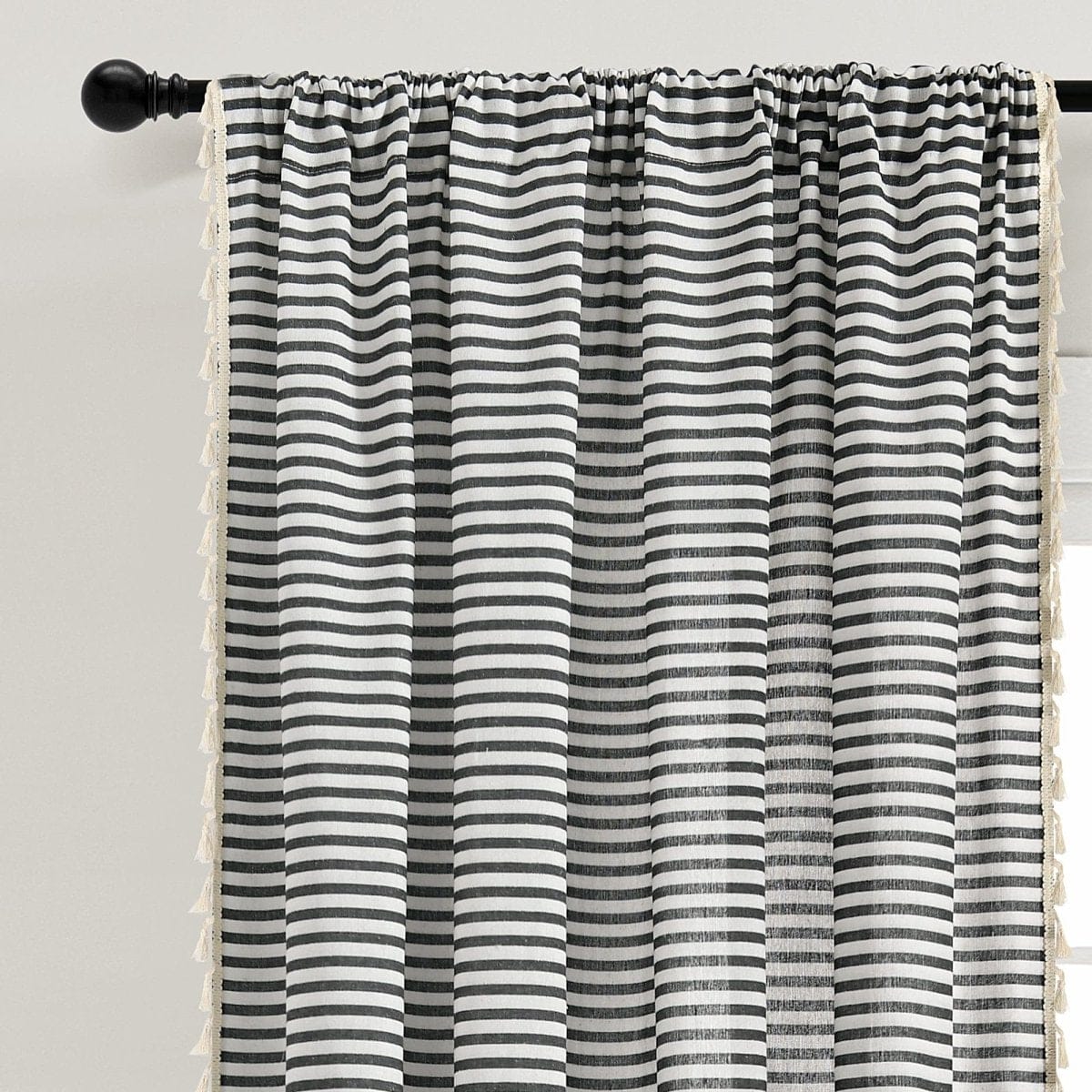 Boho-Coastal Horizontal Ticking Stripe Tassel Window Curtain Panel Sets