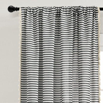 Boho-Coastal Horizontal Ticking Stripe Tassel Window Curtain Panel Sets