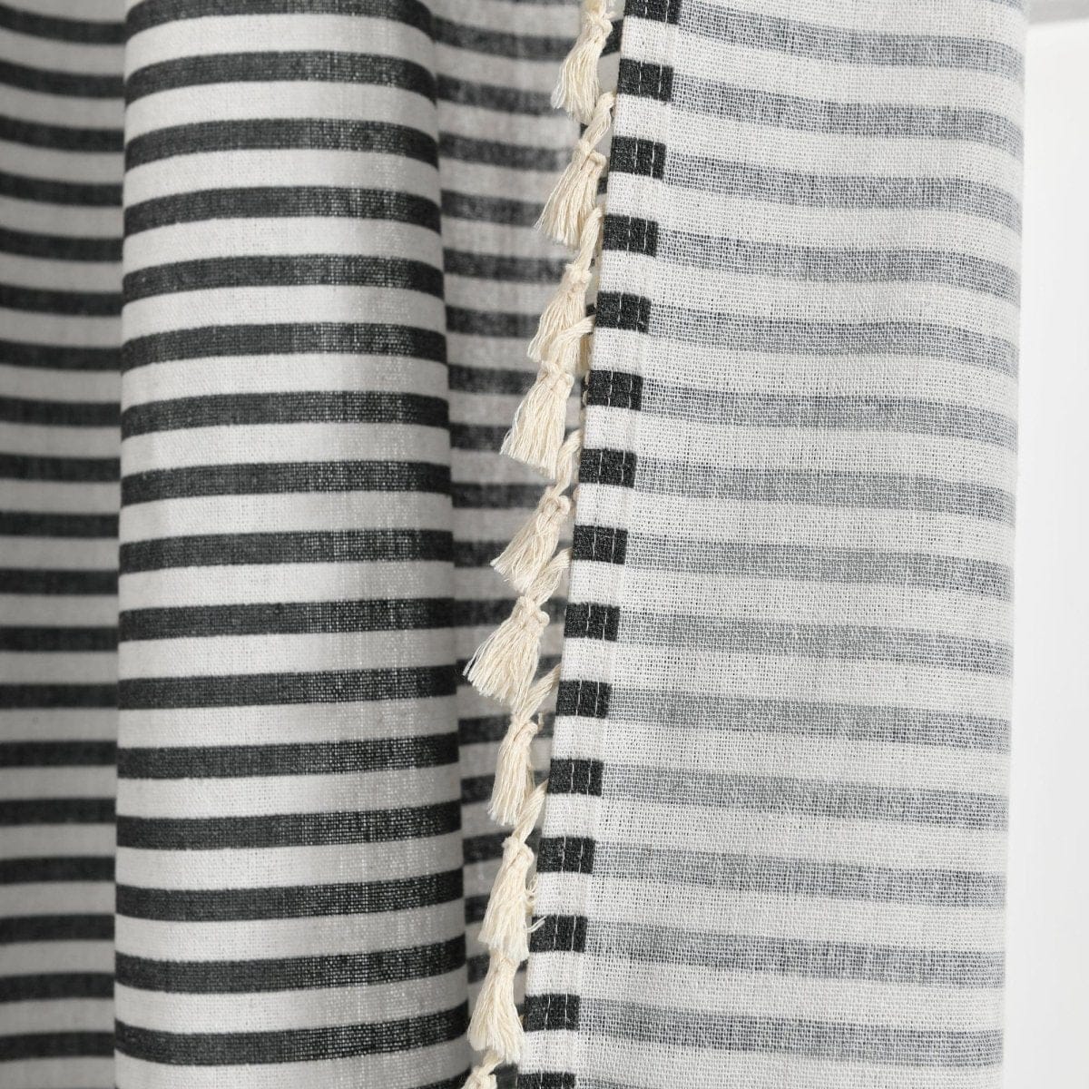 Boho-Coastal Horizontal Ticking Stripe Tassel Window Curtain Panel Sets