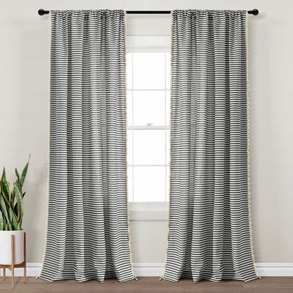 Boho-Coastal Horizontal Ticking Stripe Tassel Window Curtain Panel Sets