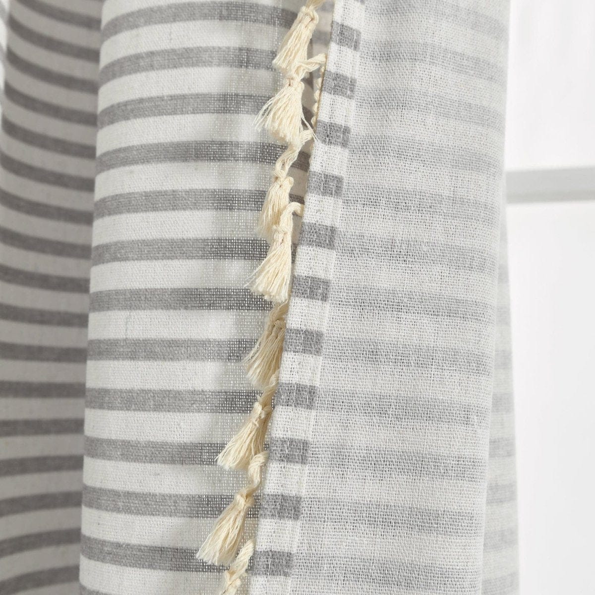 Boho-Coastal Horizontal Ticking Stripe Tassel Window Curtain Panel Sets