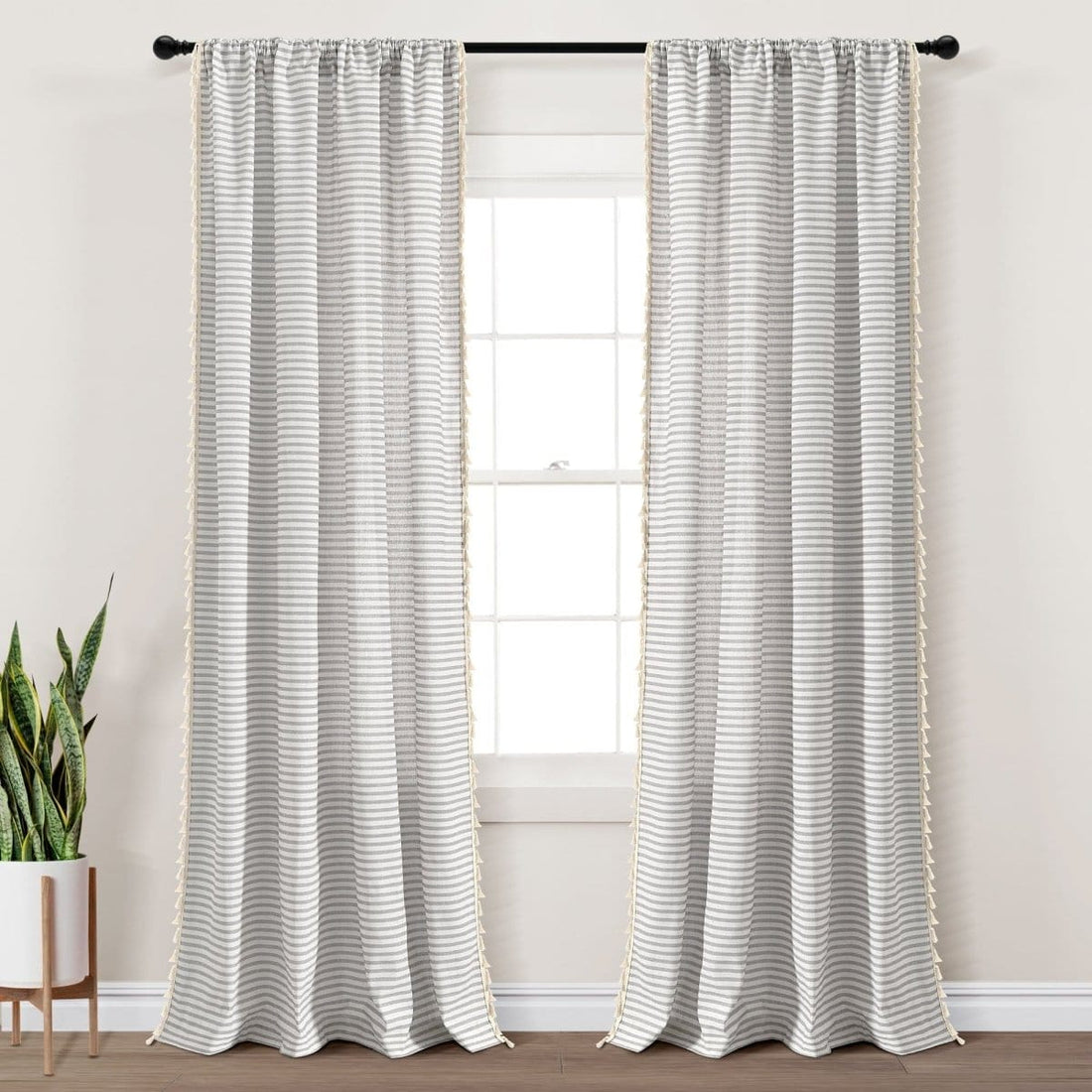Boho-Coastal Horizontal Ticking Stripe Tassel Window Curtain Panel Sets